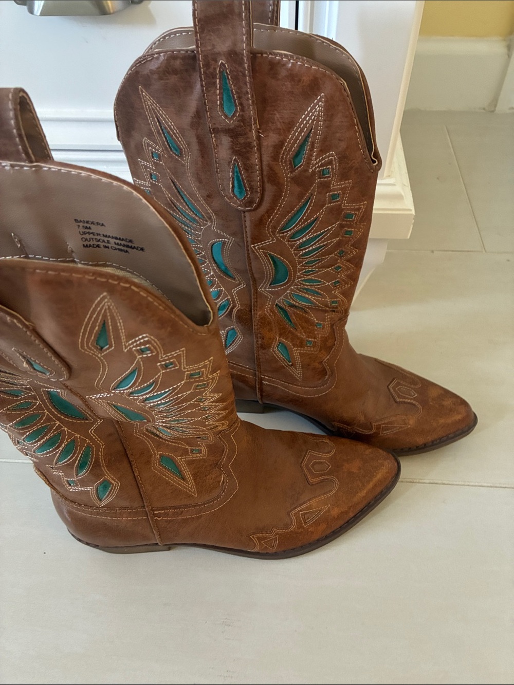 Free People Brown Leather Lace-Up Western Boots with Teal Accents